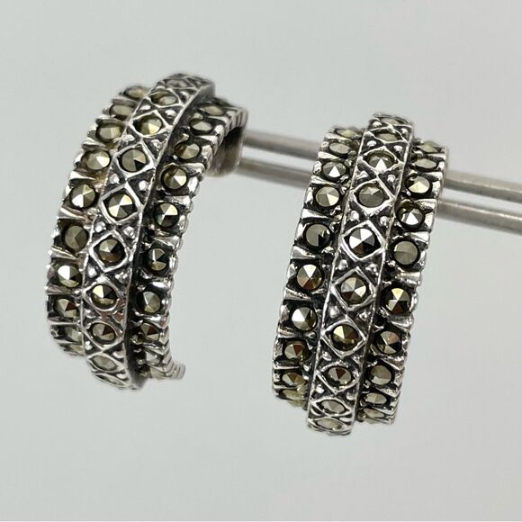 Half Hoop Marcasite Rhinestone 925 Sterling Silver Post Earrings Back Boho
